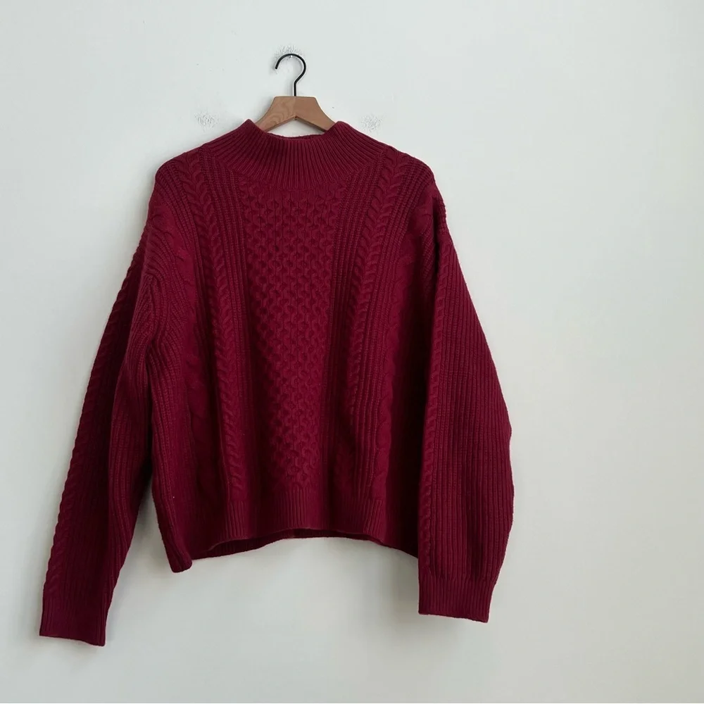 New Banana Republic Burgundy Turtleneck Cable Knit Sweater Wool  XXL Fisherman